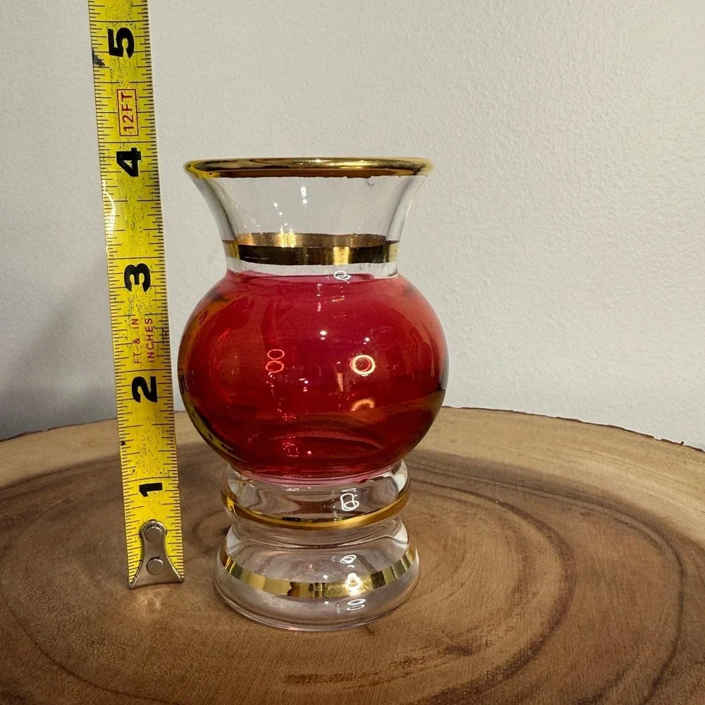Vintage Cranberry Glass Bud Vase Gold Rim Small‎ Boho Decor Hollywood Regency